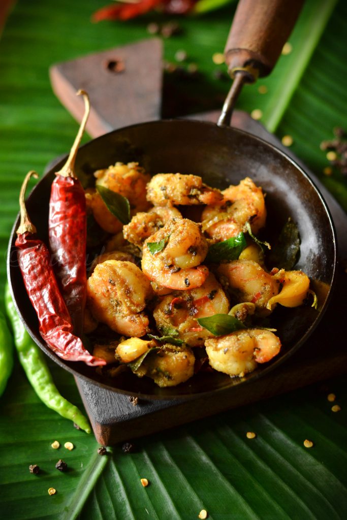 Kerala style grilled prawns with red chilies