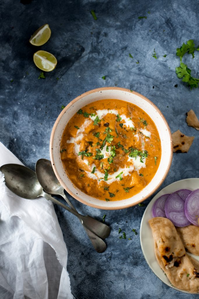 Pressure cooker paneer butter masala with naan bread